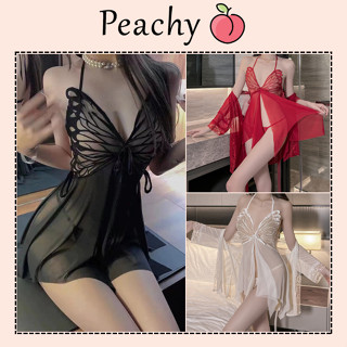 Váy ngủ cánh bướm ren xuyên thấu xẻ tà siêu đẹp gợi cảm đầm mặc nhà nữ hở lưng đen đỏ trắng quyến rũ PEACHY P214