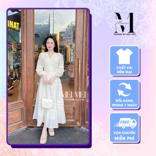 Váy maxi dáng dài cổ tim khuy bọc chạy ren, váy đầm maxi style kiểu pháp 2 lớp tay phối ren maxi đi biển Meistore V12700
