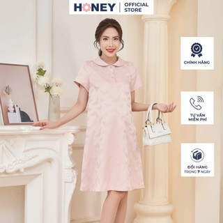 Váy đầm bầu thiết kế đi tiệc đi làm dáng suông cổ sen nằm tay ngắn - Thời trang đầm bầu cao cấp HONEY