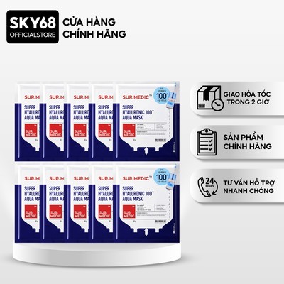 Combo 10 Mặt Nạ Cấp Ẩm Chuyên Sâu Sur.Medic+ Super Hyaluronic 100 Aqua Mask 30g x10 - AQUA