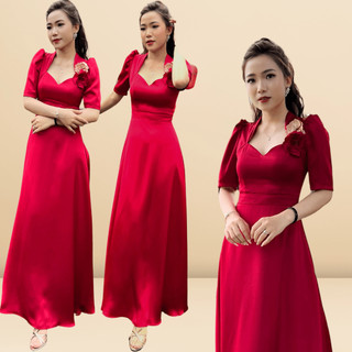 Váy dạ hội nữ lụa màu đỏ hoa hồng đi tiệc kết hoa cổ nữ hoàng tay phồng cao cấp