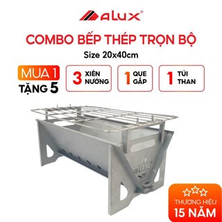 Combo bếp nướng than hoa ALUMAX bếp nướng thép mini trọn bộ du lịch dã ngoại kèm than, xiên nướng và kẹp gắp tiện lợi