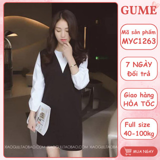 Váy bầu công sở TIMI màu đen dáng suông phối ngực trắng khoét V, vải dày dặn lịch sự, đủ size 40-100Kg MYC1263