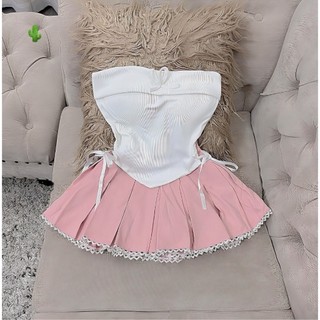 set bộ áo ống gấp đính nơ tà nhọn phối váy xòe nơ 2 bên viền ren dưới
