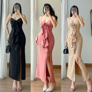 Đầm Body Cổ Tim 2 Dây Xẻ Đùi Đính Hoa Thiết Kế Đi Tiệc Sang Trọng Sexy