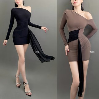 TADstore - Asiz Dress đầm thiết kế tay dài lệch vai chất thun phối lưới
