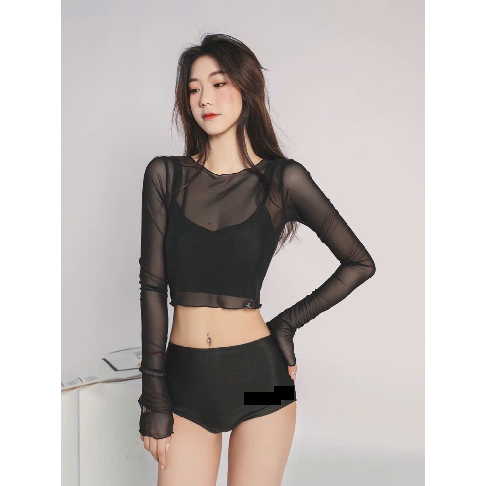 (Hàng QCCC đủ size 45-66kg) Bikini áo tắm 2 mảnh dài tay phối ren đen sexy phối chữ cá tính có size đại | BigBuy360 - bigbuy360.vn