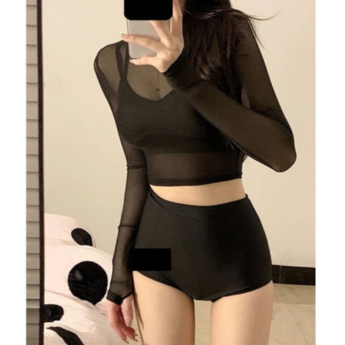 (Hàng QCCC đủ size 45-66kg) Bikini áo tắm 2 mảnh dài tay phối ren đen sexy phối chữ cá tính có size đại | BigBuy360 - bigbuy360.vn