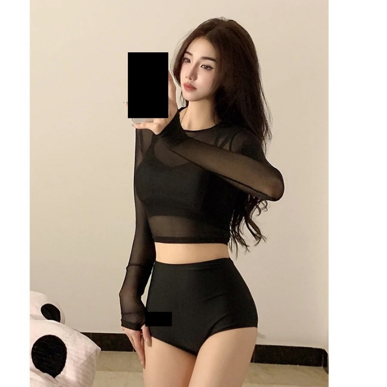 (Hàng QCCC đủ size 45-66kg) Bikini áo tắm 2 mảnh dài tay phối ren đen sexy phối chữ cá tính có size đại | BigBuy360 - bigbuy360.vn