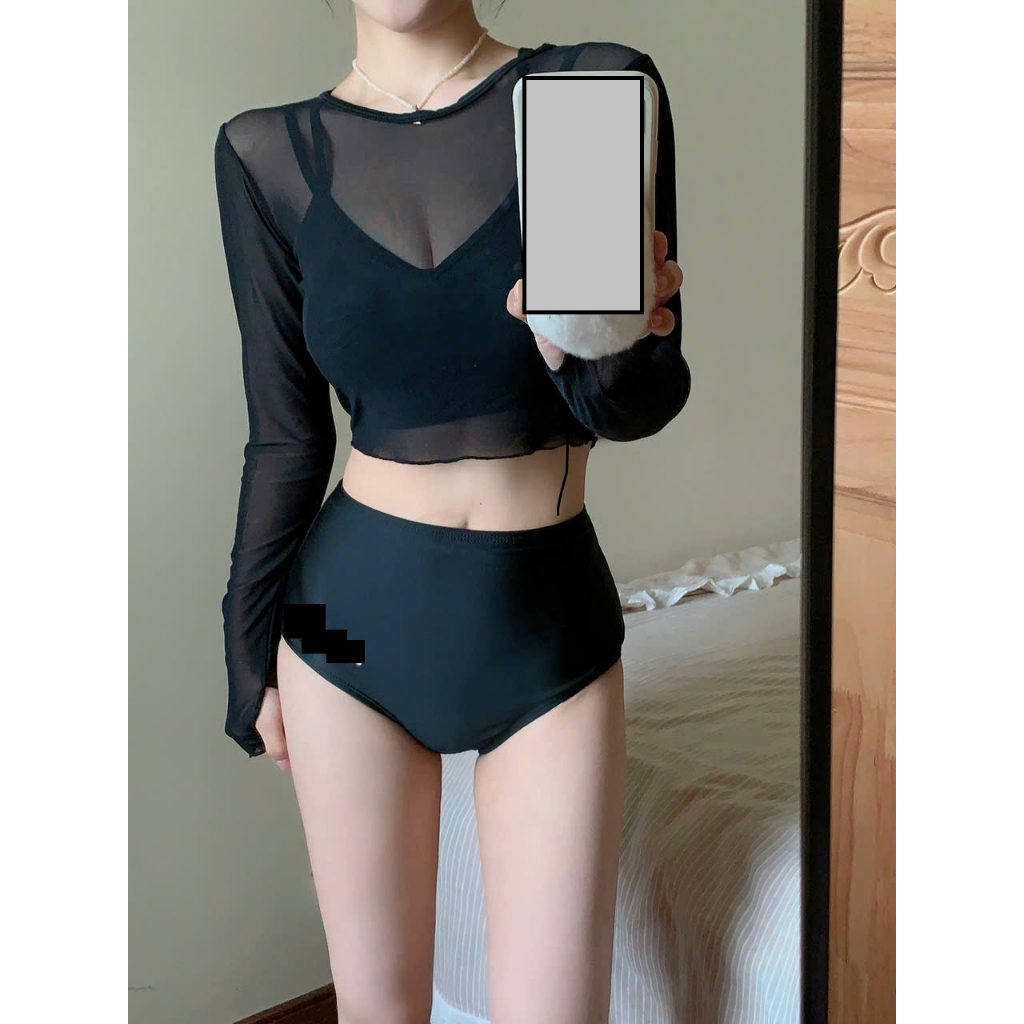 (Hàng QCCC đủ size 45-66kg) Bikini áo tắm 2 mảnh dài tay phối ren đen sexy phối chữ cá tính có size đại | BigBuy360 - bigbuy360.vn