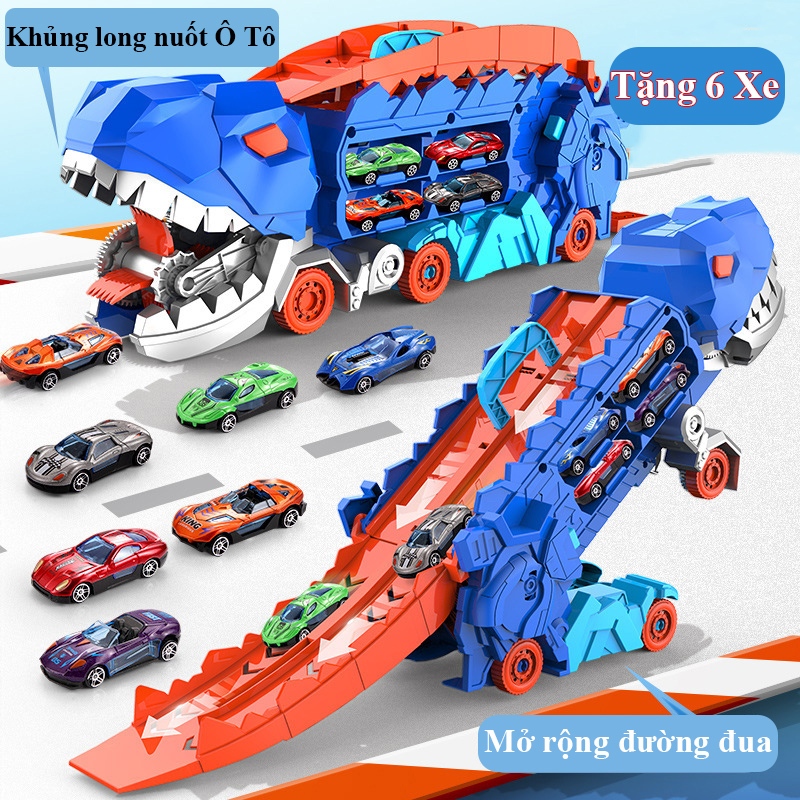 Đồ Chơi Xe Khủng Long Nuốt Ô Tô Đường Ray Xe Hơi, Đồ Chơi Biến Hình Xe Khủng Long Đầy Màu Sắc