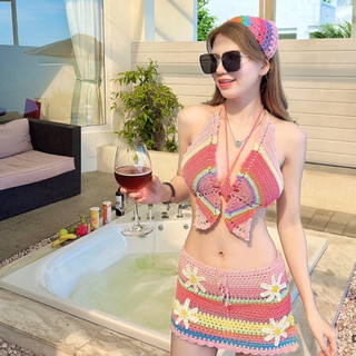 Set móc len cánh bướm phối chân váy nhiều màu sẵn SML