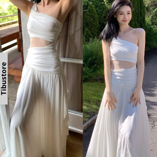 Đầm Maxi Lệch Vai Khoét Eo Xếp Ly Lạ Mắt TIBU Váy Nữ Dáng Dài Hở Lưng Ôm Body Cực Tôn Dáng Sang Chảnh Đi Biển Tiệc Xinh