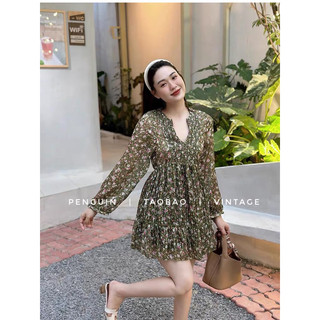 (Sẵn-kèm ảnh chụp thật) Đầm váy sơ mi babydoll hoạ tiết hoa nhí tay dài vintage hàng Taobao