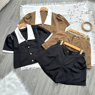 Set bộ thiết kế nữ áo vest tay ngắn dáng croptop kèm quần đùi ống rộng lưng thun chất cotton lạnh mềm mát - SET832