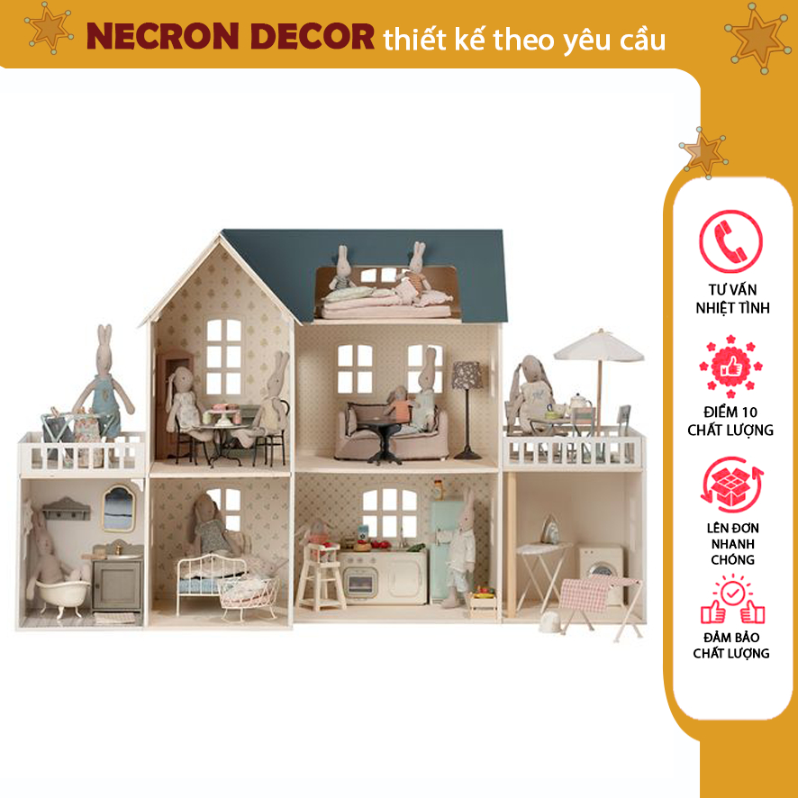 Mô hình nhà búp bê lắp ghép có đồ nội thất -Diy lắp ráp tặng kèm dụng cụ lắp ghép - necron decor