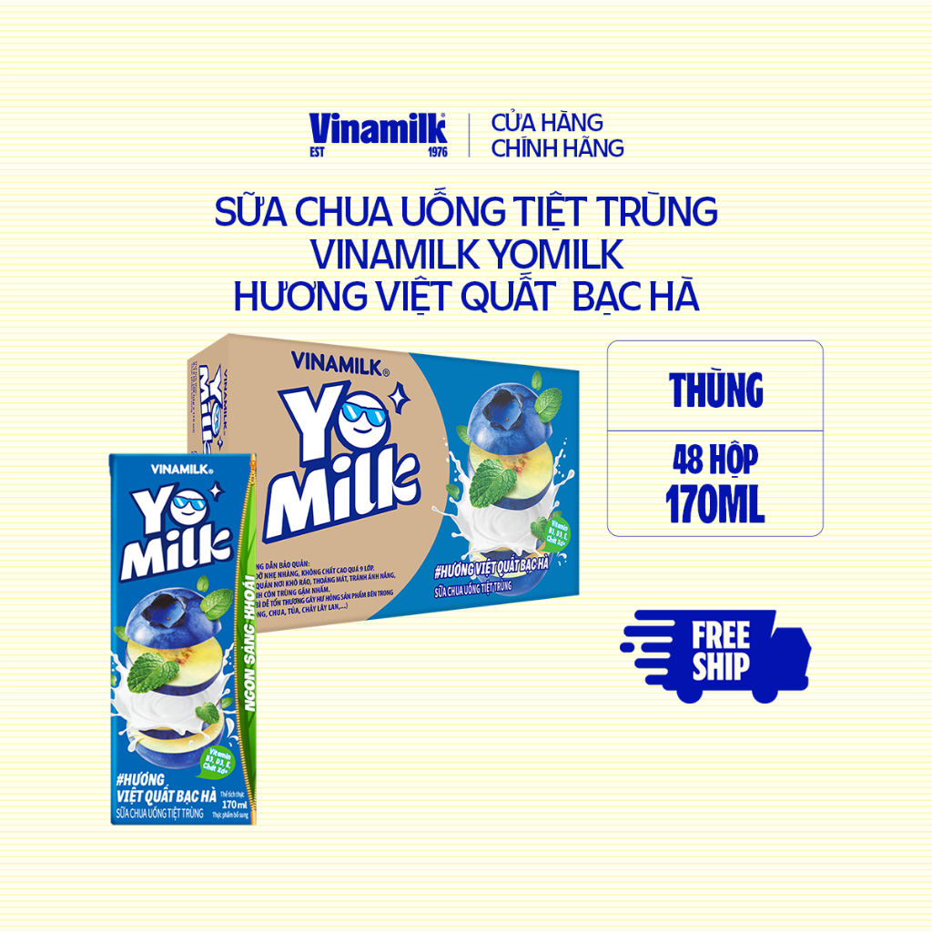  Sữa chua uống Vinamilk Yomilk hương việt quất bạc hà - Thùng 48 hộp 170ml 