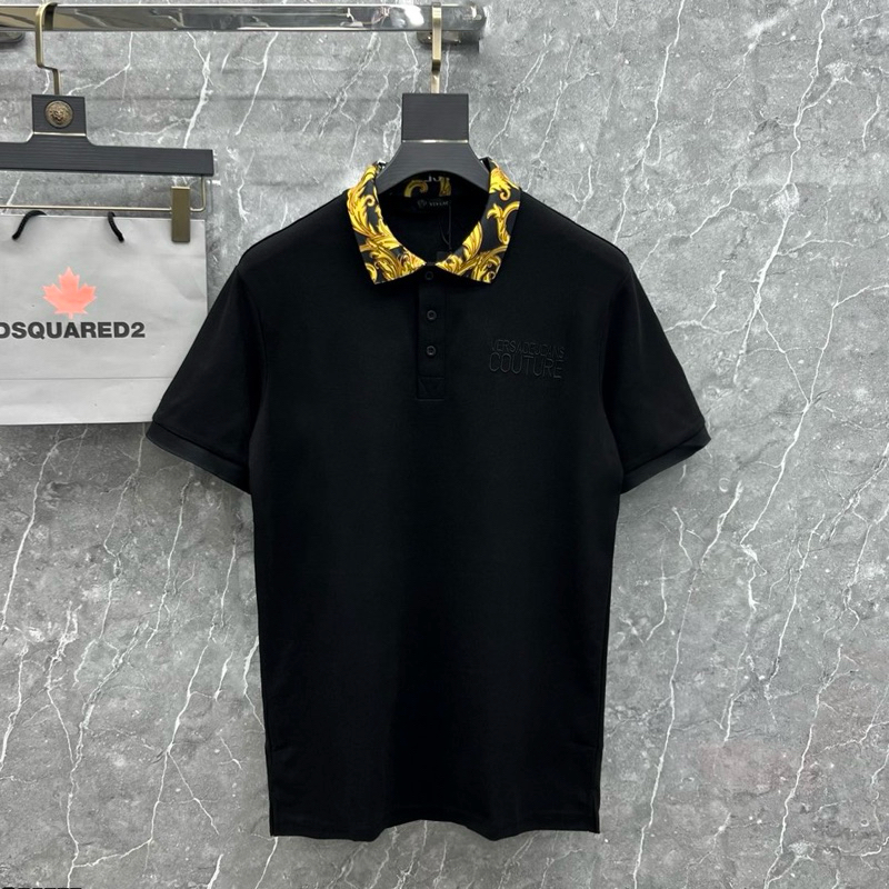 Áo polo nam cổ bẻ VS cotton gai cá sấu thêu chữ VS Jeans Couture ngực phối cổ hoa văn vàng basic PL133P