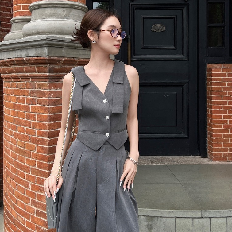 Set Thiết Kế Nữ Áo Vest Gile Dáng Ngắn Đính Nơ & Quần Dài Dáng Rộng Thanh Lịch Màu Xám Be Đen - Heidi Top & Heidi Pants