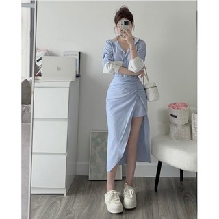  Set đồ nữ - Áo sơ mi kiểu kẻ sọc dài tay mix với chân váy xẻ tà cách điệu dáng đuôi tôm thanh lịch  có bảo hộ  