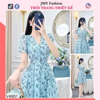 V4951 Váy xanh hoa nhí cổ V dáng xòe ngắn nữ tính [Dolce Viva Colection (DVC)] váy hoa xanh xòe công sở