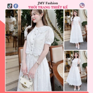 S542T Set áo váy trắng dáng xòe dài tiểu thư [TH Hà Thanh] áo cổ sen trắng phối chân váy xòe xếp ly hoa nhí nữ tính
