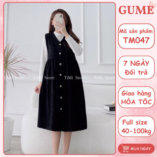 Yếm bầu nhung tăm cổ V, mở cúc dọc, nhún bụng, dáng babydoll, dễ mix đồ, 2 màu nâu, đen, có size 40-75kg _ TM047