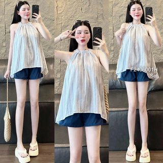 Set bộ 2 món áo cổ yếm kẻ sọc phối quần short màu! tombi shop