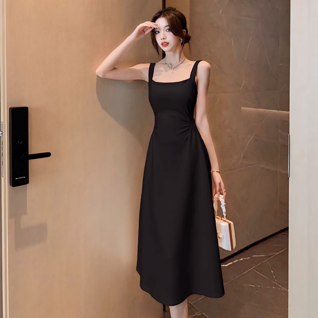Đầm 2 dây dự tiệc dáng dài body Hun Fasshion chất yumi hàn hàng 2 lớp triết eo khoe dáng dễ thương