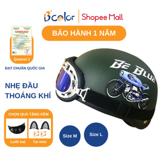 Mũ Bảo Hiểm B color Màu Xanh Rêu Họa Tiết Hình Xe Máy Kèm Kính Thời Trang