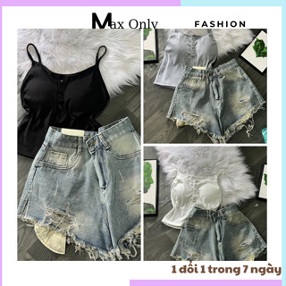 Set bộ áo 2 dây cúc ngực có đệm mút phối cùng quần jeans loang rách 1 cúc