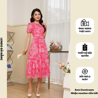Đầm Váy Công Sở LENDO Midi Dáng Xòe Dài Ba Tầng Tay Ngắn Cổ Tròn Nhún Cách Điệu Tơ Loang V241111