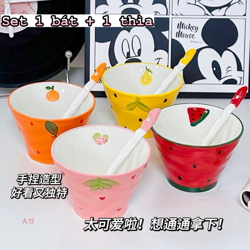 T&T0217 Set 1 bát+1 thìa sứ hoạ tiết hoa quả cao cấp siêu xinh
