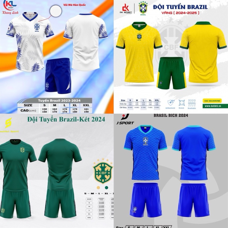Bộ quần áo đá bóng, đồ đá banh đội tuyển Brazil mới nhất hiện nay, chất thun lạnh cao cấp thoáng khí, màu sắc nổi bật