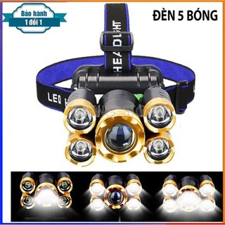 Đèn pin đội đầu 5 bóng cực sáng kèm pin sạc chống nước [BẢO HÀNH 12 THÁNG]