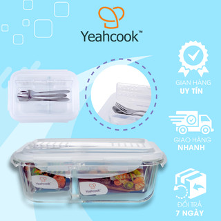 Hộp đựng cơm thủy tinh chia ngăn cao cấp Yeahcook Glass Box 2 ngăn kèm bộ thìa dĩa dao nắp hộp tiện lợi