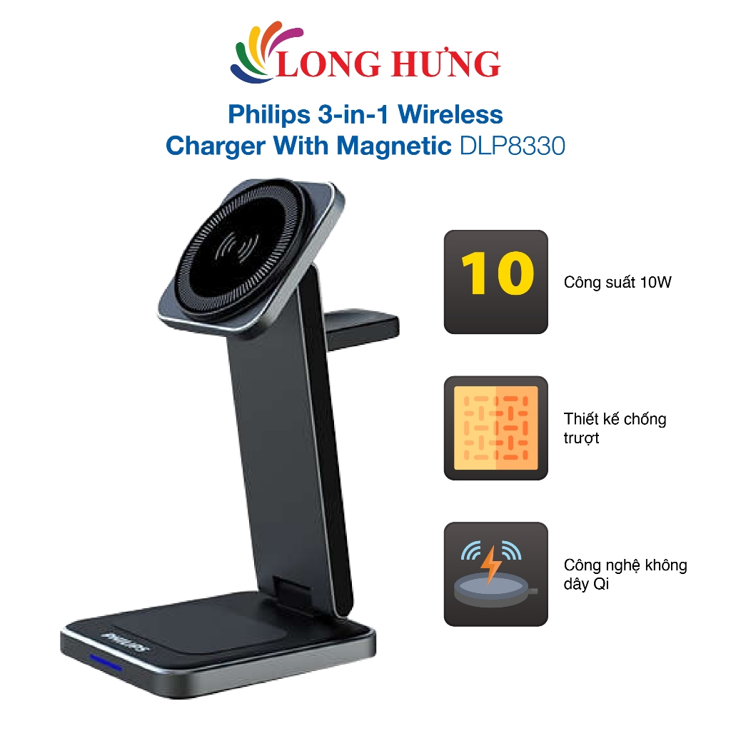 Đế sạc không dây Philips 3-in-1 Wireless Charger With Magnetic DLP8330 - Hàng chính hãng