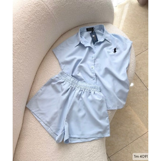 SET BỘ SƠ MI XANH THÊU NGỰC