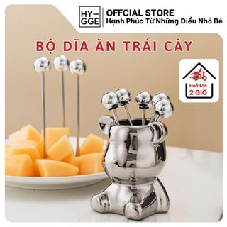 Bộ Dĩa Ăn Trái Cây HYGGE Hoạ Tiết Gấu Sứ Cao Cấp, 6 Nĩa Ăn Hoa Quả Chất Liệu Inox 304 An Toàn Bền Bỉ