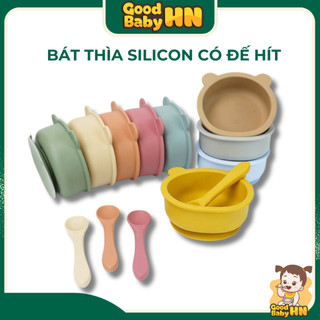 Bát silicon hình gấu kèm thìa có đế hút chống lật phong cách Hàn Quốc 𝐄𝟎𝟐