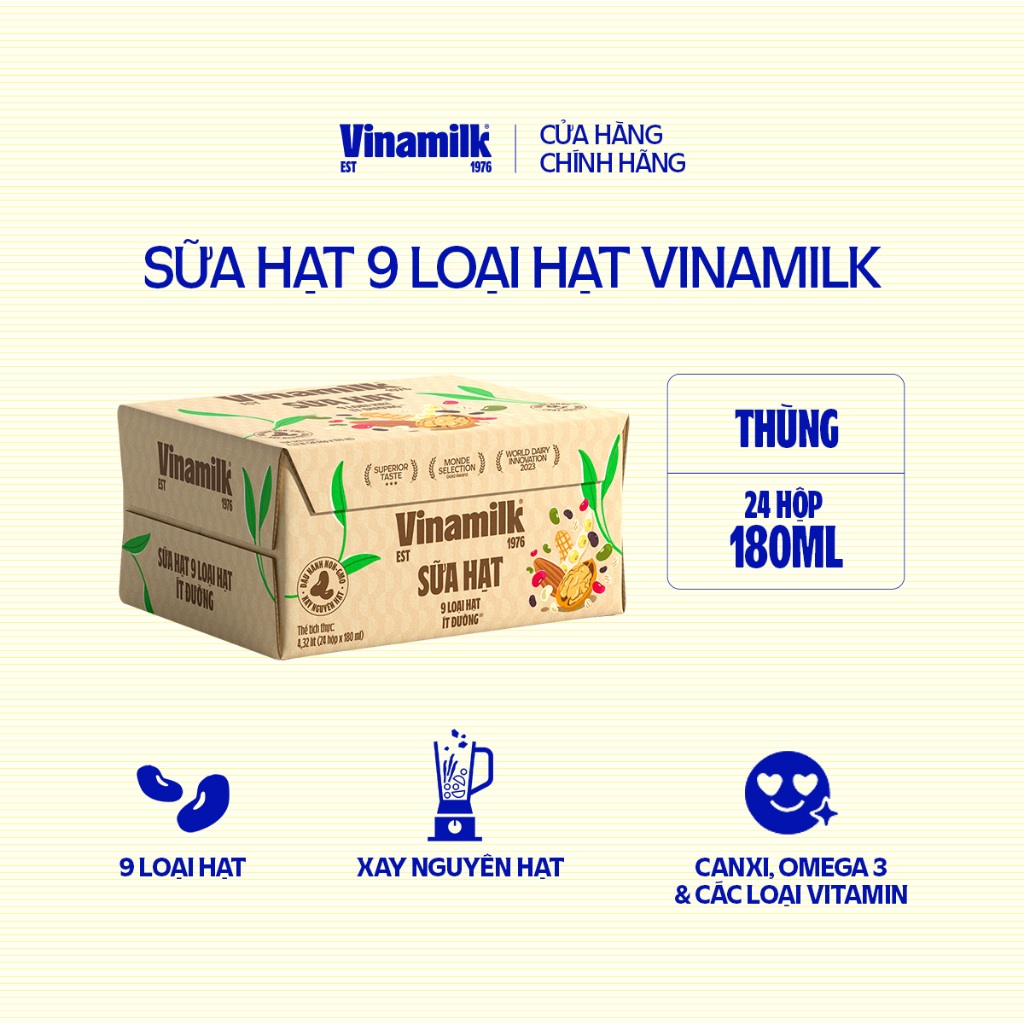 Thùng 24 hộp Sữa hạt 9 loại hạt Vinamilk ít đường - hộp 180ml | BigBuy360 - bigbuy360.vn