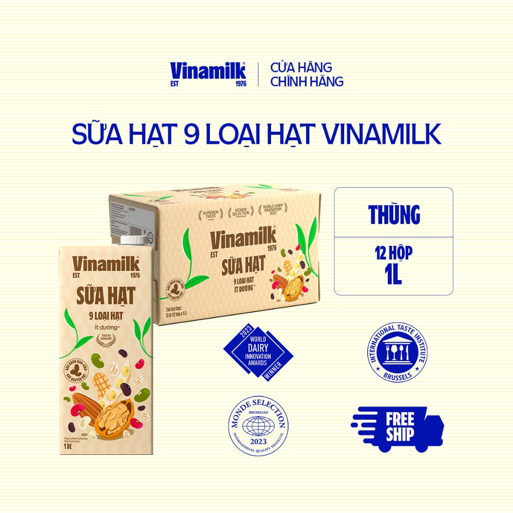 Thùng 12 hộp Sữa hạt 9 loại hạt Vinamilk - Hộp giấy 1L