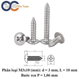 Vít bake đầu dù đuôi nhọn ren thưa inox 304 m3 m4 m5 m6