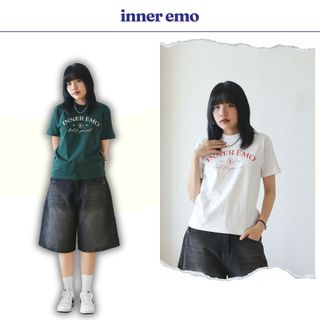 Áo Thun Baby Tee Dáng Ôm Tay Ngắn 100% Cotton In chữ INNER EMO  - Xanh, Trắng