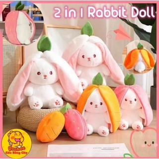 Thỏ Nhồi Bông Tai Dài 2 in 1 - Thỏ Quả Bông Trái Cây Cosplay Dâu Và Cà Rốt Quà Tặng Dễ Thương