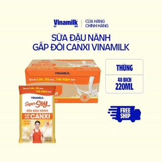 Thùng 48 bịch Sữa đậu nành Gấp đôi canxi Vinamilk Super Soy - bịch 220ml