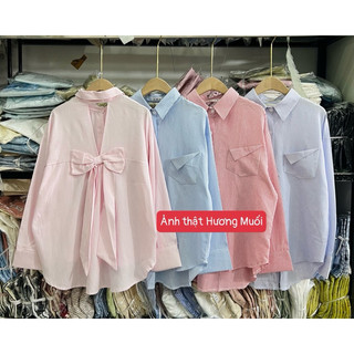 Áo sơ mi kẻ hở lưng nơ - ảnh thật sơ mi oversize