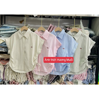 Áo sơ mi kẻ rút dây thêu nơ nhỏ - ảnh thật Huongmuoi