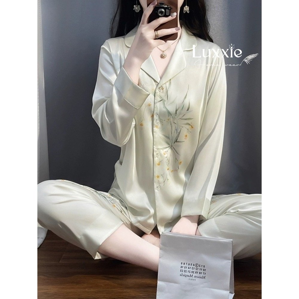 Bộ đồ ngủ lụa Quảng Châu cao cấp, Pijama lụa dài tay màu xanh họa tiết lá tre - LUXXIE N60