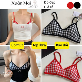 Set 2 món áo 2 dây nơ kèm bra sẵn mút caro viền siêu xinh hồng đen y2k coquette đi biển đi chơi xuanmaishop12